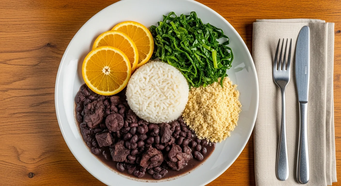 Prato de feijoada fit com arroz, couve, farofa, laranja e feijão com carne em proporções equilibradas